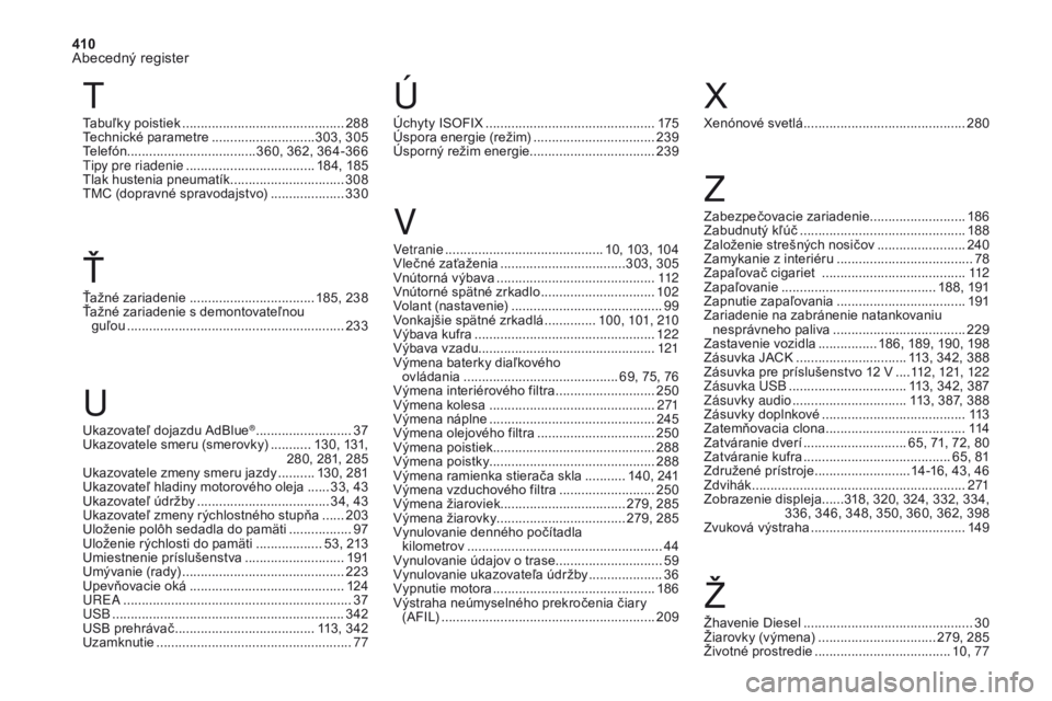 CITROEN DS4 2017 Návod na použitie (in Slovak) 410
Abecedný register
DS4_sk_Chap11_index-alpha_ed01-2016
Úchyty ISOFIX ..............................................175
Úspora energie (režim) .................................23
9
Úsporný re CITROEN DS4 2017 Návod na použitie (in Slovak) 410
Abecedný register
DS4_sk_Chap11_index-alpha_ed01-2016
Úchyty ISOFIX ..............................................175
Úspora energie (režim) .................................23
9
Úsporný re