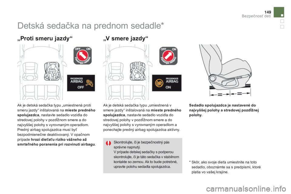 CITROEN DS4 2016 Návod na použitie (in Slovak) 149
DS4_sk_Chap06_securite enfants_ed03-2015
Detská sedačka na prednom sedadle*
„proti smeru jazdy“„V smere jazdy“
Sedadlo spolujazdca je nastavené do
najvyššej polohy a stredovej pozdĺ CITROEN DS4 2016 Návod na použitie (in Slovak) 149
DS4_sk_Chap06_securite enfants_ed03-2015
Detská sedačka na prednom sedadle*
„proti smeru jazdy“„V smere jazdy“
Sedadlo spolujazdca je nastavené do
najvyššej polohy a stredovej pozdĺ