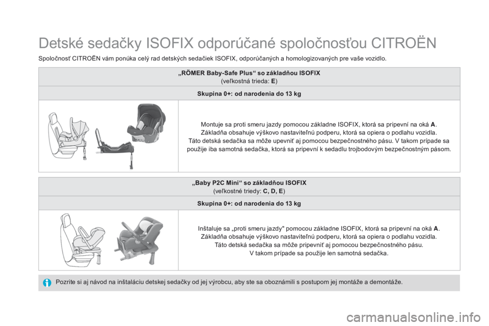CITROEN DS4 2016 Návod na použitie (in Slovak) DS4_sk_Chap06_securite enfants_ed03-2015
Detské sedačky ISOFIX odporúčané spoločnosťou CITROËN
Pozrite si aj návod na inštaláciu detskej sedačky od jej výrobcu, aby ste sa oboznámili s p CITROEN DS4 2016 Návod na použitie (in Slovak) DS4_sk_Chap06_securite enfants_ed03-2015
Detské sedačky ISOFIX odporúčané spoločnosťou CITROËN
Pozrite si aj návod na inštaláciu detskej sedačky od jej výrobcu, aby ste sa oboznámili s p