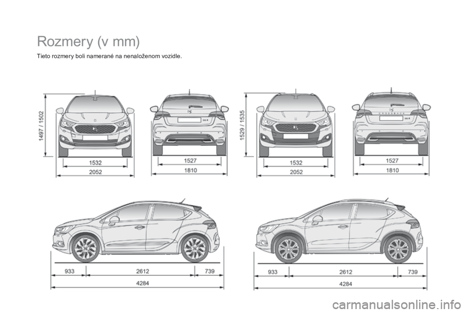 CITROEN DS4 2016 Návod na použitie (in Slovak) DS4_sk_Chap11_caracteristiques_ed03-2015
Rozmery (v mm)
Tieto rozmery boli namerané na nenaloženom vozidle. CITROEN DS4 2016 Návod na použitie (in Slovak) DS4_sk_Chap11_caracteristiques_ed03-2015
Rozmery (v mm)
Tieto rozmery boli namerané na nenaloženom vozidle.