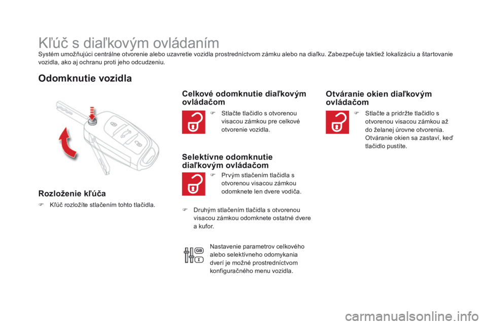 CITROEN DS4 2016  Návod na použitie (in Slovak) DS4_sk_Chap02_ouvertures_ed03-2015
Kľúč s diaľkovým ovládanímSystém umožňujúci centrálne otvorenie alebo uzavretie vozidla prostredníctvom zámku alebo na diaľku. Zabezpečuje taktiež l