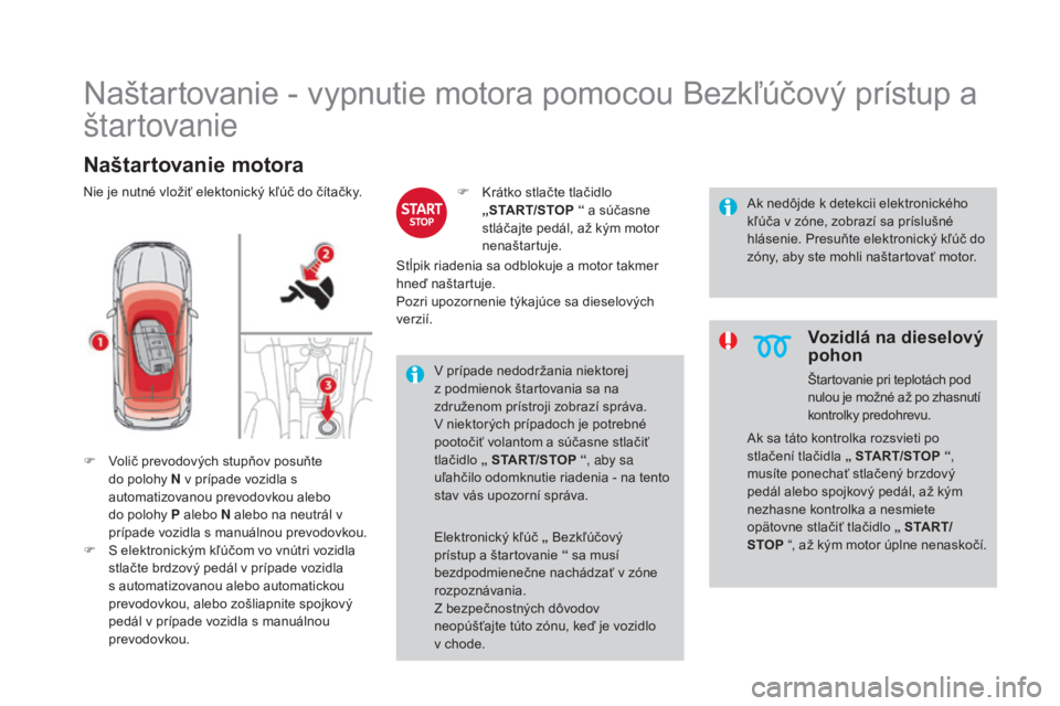 CITROEN DS4 2015 Návod na použitie (in Slovak) DS4_sk_Chap08_conduite_ed02-2015
Naštartovanie - vypnutie motora pomocou Bezkľúčový prístup a
štartovanie
Naštartovanie motora
F Volič prevodových stupňov posuňte do polohy N v prípade v CITROEN DS4 2015 Návod na použitie (in Slovak) DS4_sk_Chap08_conduite_ed02-2015
Naštartovanie - vypnutie motora pomocou Bezkľúčový prístup a
štartovanie
Naštartovanie motora
F Volič prevodových stupňov posuňte do polohy N v prípade v