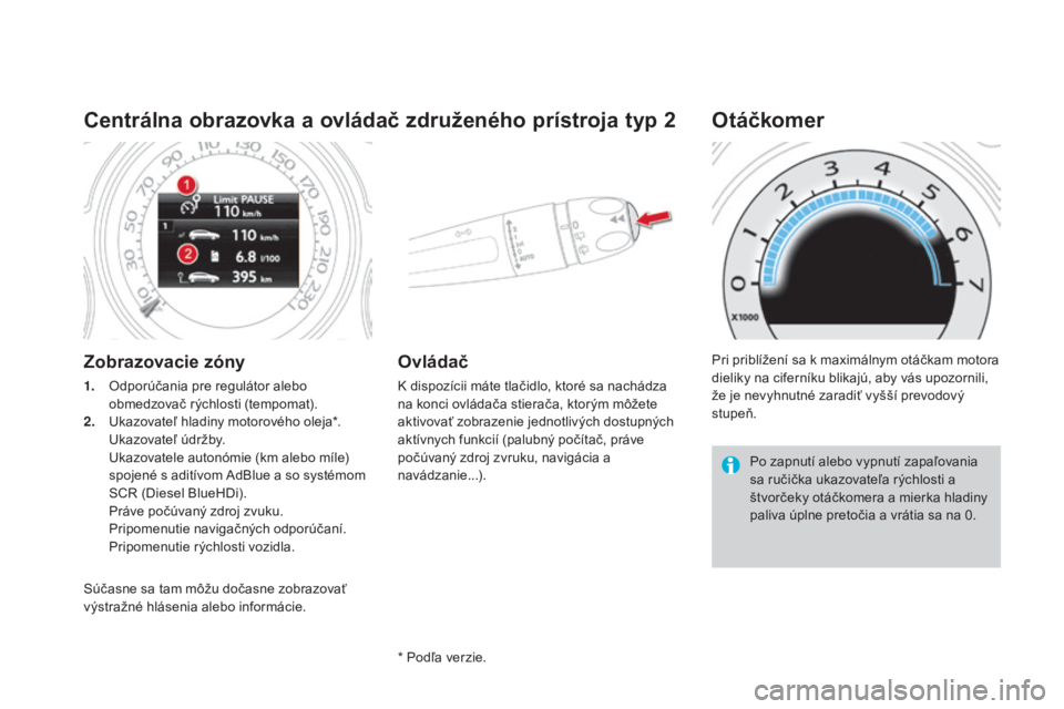 CITROEN DS4 2015  Návod na použitie (in Slovak) DS4_sk_Chap01_controle-de-marche_ed02-2015
Centrálna obrazovka a ovládač združeného prístroja typ 2
Zobrazovacie zóny
1. Odporúčania pre regulátor alebo obmedzovač rýchlosti (tempomat).
2.