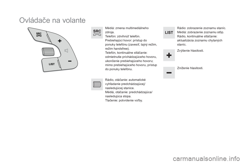 CITROEN DS4 2015 Návod na použitie (in Slovak) DS4_sk_Chap12c_SMEGplus_ed02-2015
Ovládače na volante
Médiá: zmena multimediálneho
zdroja.
Telefón: zdvihnúť telefón.
Prebiehajúci hovor: prístup do
ponuky telefónu (zavesiť, tajný re CITROEN DS4 2015 Návod na použitie (in Slovak) DS4_sk_Chap12c_SMEGplus_ed02-2015
Ovládače na volante
Médiá: zmena multimediálneho
zdroja.
Telefón: zdvihnúť telefón.
Prebiehajúci hovor: prístup do
ponuky telefónu (zavesiť, tajný re