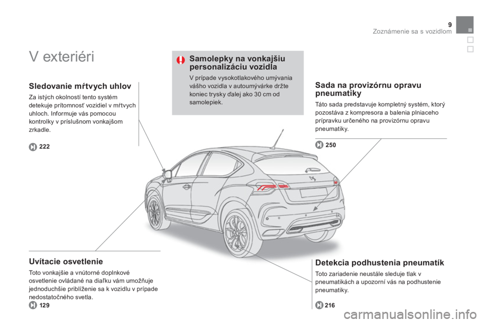 CITROEN DS4 2014  Návod na použitie (in Slovak) 9Zoznámenie sa s vozidlom
  V exteriéri  
 
 
Uvítacie osvetlenie 
 
Toto vonkajšie a vnútorné doplnkové 
osvetlenie ovládané na diaľku vám umožňuje 
jednoduchšie priblíženie sa k vozi