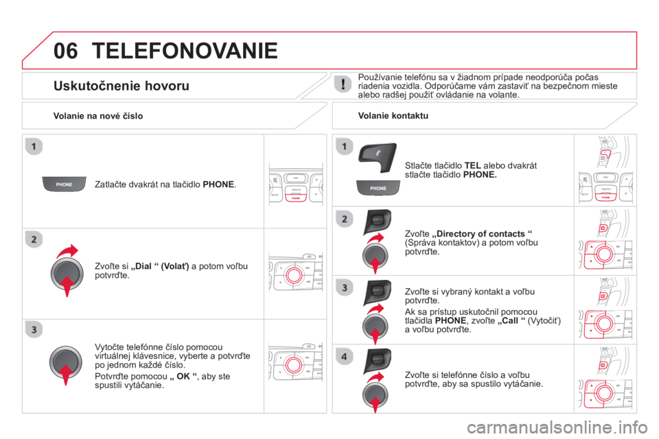 CITROEN DS4 2014  Návod na použitie (in Slovak) 06  TELEFONOVANIE 
 
 
Zatlačte dvakrát na tlačidlo  PHONE 
.  
   
Zvoľte si  „Dial 
  “ (Volať) 
 a potom voľbu 
potvrďte.     
Zvoľte  „Directory of contacts 
  “ 
 
(Správa kontak