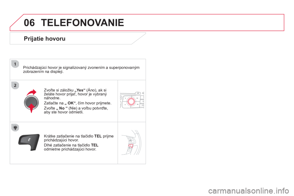 CITROEN DS4 2014 Návod na použitie (in Slovak) 06 TELEFONOVANIE
Prijatie hovoru
Prichádzajúci hovor je signalizovaný zvonením a superponovaným
zobrazením na displeji.
Zvoľte si záložku „Yes“
(Áno), ak si
želát CITROEN DS4 2014 Návod na použitie (in Slovak) 06 TELEFONOVANIE
Prijatie hovoru
Prichádzajúci hovor je signalizovaný zvonením a superponovaným
zobrazením na displeji.
Zvoľte si záložku „Yes“
(Áno), ak si
želát