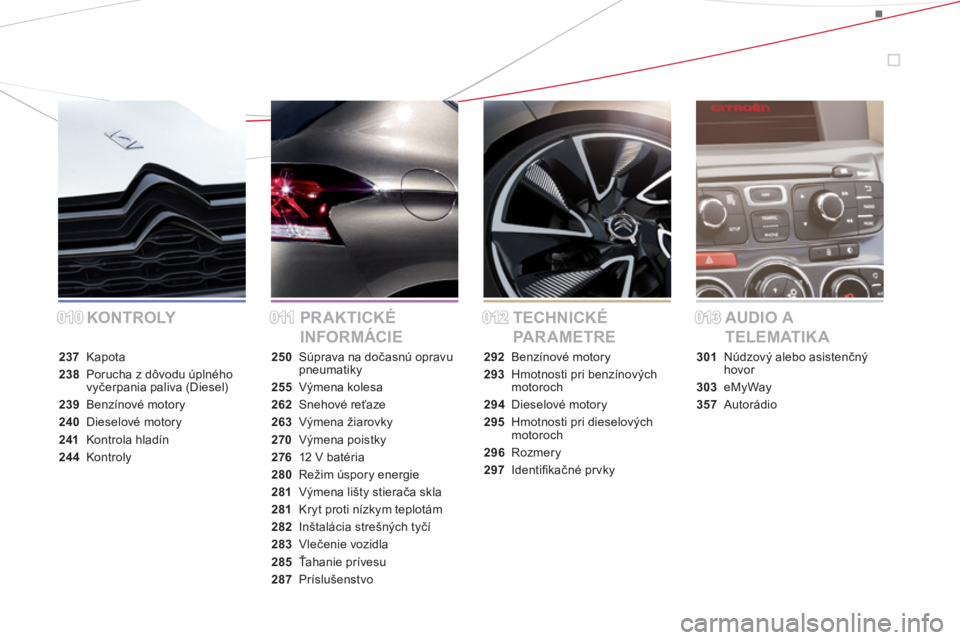 CITROEN DS4 2014  Návod na použitie (in Slovak) KONTROLY PR AK TICKÉ 
INFORMÁCIETECHNICKÉ 
PA R A M E T R EAUDIO A 
TELEMATIKA
237 Kapota
238  Porucha z dôvodu úplného 
vyčerpania paliva (Diesel)
239 Benzínové motory
240 Dieselové motory
