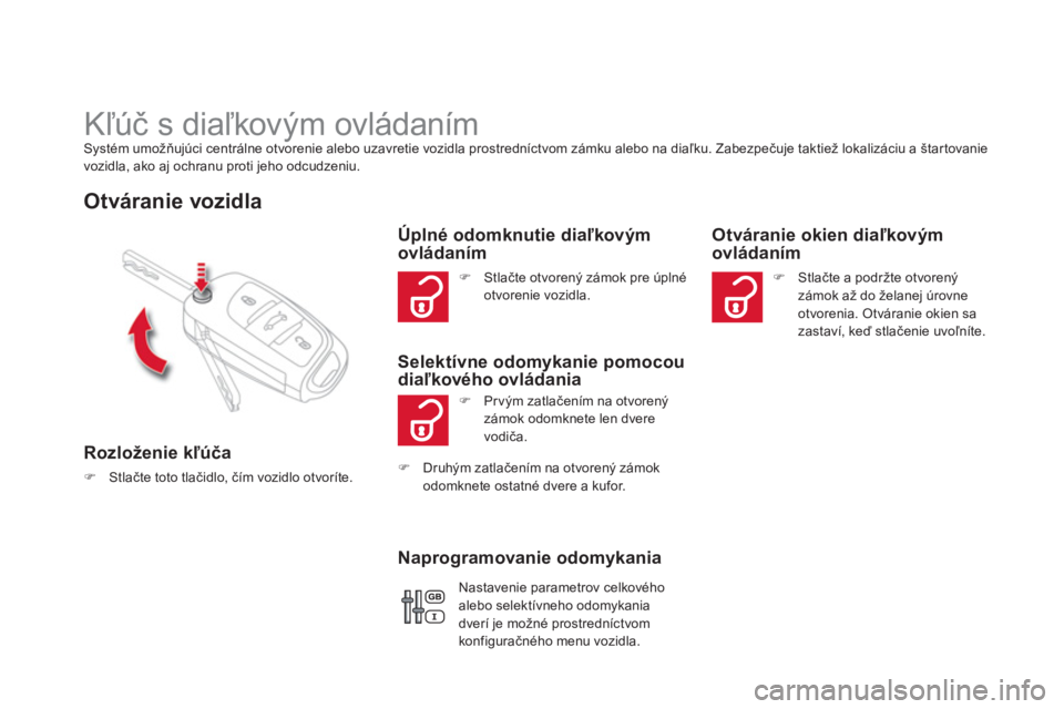 CITROEN DS4 2013  Návod na použitie (in Slovak)    
 
 
 
 
 
 
 
Kľúč s diaľkovým ovládaním Systém umožňujúci centrálne otvorenie alebo uzavretie vozidla prostredníctvom zámku alebo na diaľku. Zabezpečuje taktiež lokalizáciu a š