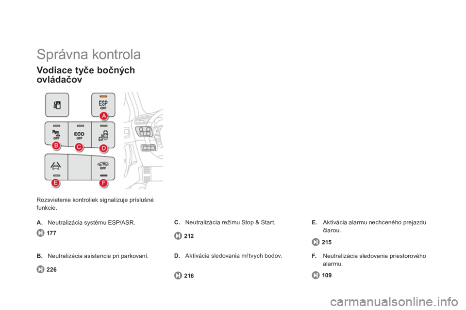 CITROEN DS4 2011  Návod na použitie (in Slovak)   Správna kontrola 
Rozsvietenie kontroliek signalizuje príslušné 
funkcie. 
Vodiace tyče bočných 
ovládačov 
17 7
B.Neutralizácia asistencie pri parkovaní. 
  22
6
C. 
  Neutralizácia re�