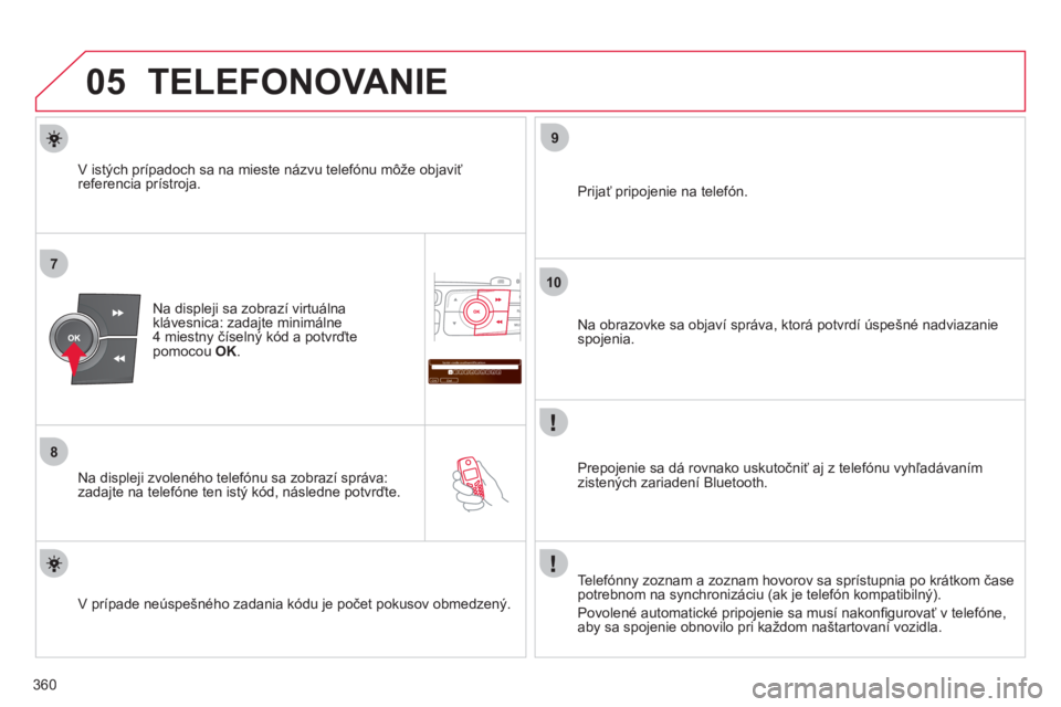 CITROEN DS4 2011 Návod na použitie (in Slovak) 360
05
7
8
Saisir code authentification
01
OK Del23456789 _
9
10
TELEFONOVANIE
Na displeji sa zobrazí virtuálna klávesnica: zadajte minimálne
4 miestny číselný kód a potvrďtepomocou OK.
CITROEN DS4 2011 Návod na použitie (in Slovak) 360
05
7
8
Saisir code authentification
01
OK Del23456789 _
9
10
TELEFONOVANIE
Na displeji sa zobrazí virtuálna klávesnica: zadajte minimálne
4 miestny číselný kód a potvrďtepomocou OK.