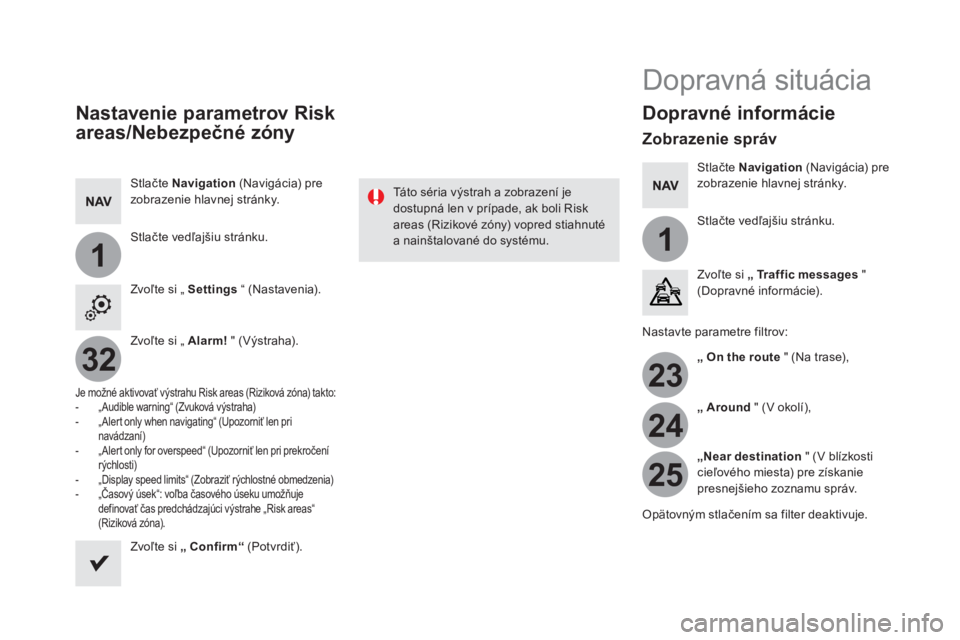 CITROEN DS5 2016 Návod na použitie (in Slovak) 11
23
24
25
32
Nastavenie parametrov Risk
areas/Nebezpečné zóny
Stlačte Navigation
(Navigácia) pre
zobrazenie hlavnej stránky.
Stlačte vedľajšiu stránku.
Zvoľte si CITROEN DS5 2016 Návod na použitie (in Slovak) 11
23
24
25
32
Nastavenie parametrov Risk
areas/Nebezpečné zóny
Stlačte Navigation
(Navigácia) pre
zobrazenie hlavnej stránky.
Stlačte vedľajšiu stránku.
Zvoľte si