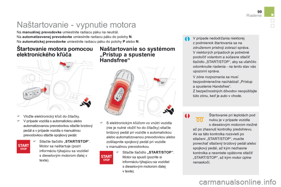CITROEN DS5 2015 Návod na použitie (in Slovak) 99
DS5_sk_Chap04_conduite_ed01-2015
Naštartovanie - vypnutie motora
F Vložte elektronický kľúč do čítačky.F V prípade vozidla s automatickou alebo automatizovanou prevodovkou stlačte brzdov CITROEN DS5 2015 Návod na použitie (in Slovak) 99
DS5_sk_Chap04_conduite_ed01-2015
Naštartovanie - vypnutie motora
F Vložte elektronický kľúč do čítačky.F V prípade vozidla s automatickou alebo automatizovanou prevodovkou stlačte brzdov