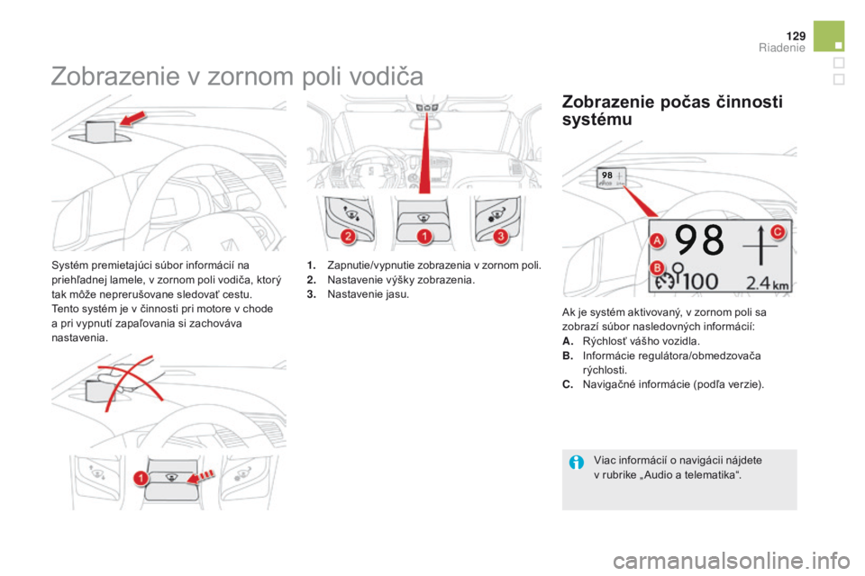 CITROEN DS5 2015  Návod na použitie (in Slovak) 129
DS5_sk_Chap04_conduite_ed01-2015
Zobrazenie v zornom poli vodiča
Systém premietajúci súbor informácií na 
priehľadnej lamele, v zornom poli vodiča, ktorý 
tak môže neprerušovane sledov