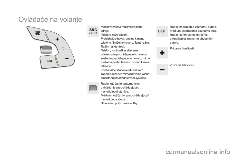 CITROEN DS5 2015  Návod na použitie (in Slovak) DS5_sk_Chap11c_SMEGplus_ed01-2015
Ovládače na volante
Médium: zmena multimediálneho 
zdroja.
Telefón: zložiť telefón.
Prebiehajúci hovor: prístup k menu 
telefónu (Zrušenie hovoru, Tajný 