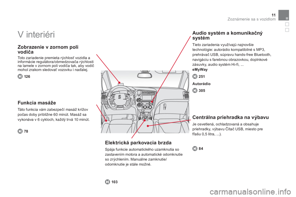 CITROEN DS5 2013  Návod na použitie (in Slovak) 11Zoznámenie sa s vozidlom
  V interiéri  
 
 
Zobrazenie v zornom poli
vodiča
 
Toto zariadenie premieta rýchlosť vozidla a 
informácie regulátora/obmedzovača r ýchlosti na lamele v zornom p