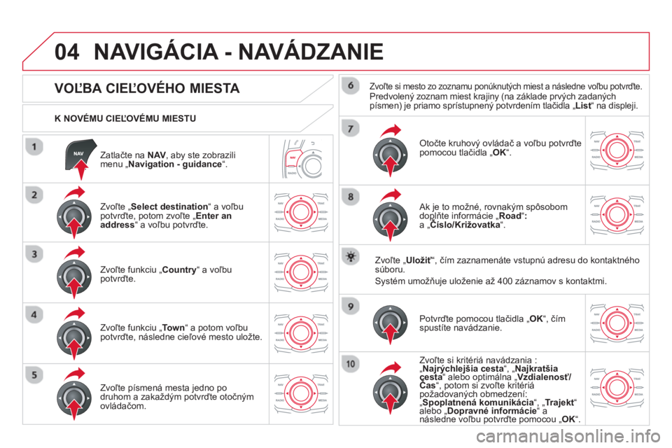 CITROEN DS5 2013  Návod na použitie (in Slovak) 04
   
Zatlačte na  NAV, aby ste zobrazili menu „ Navigation - guidance“.
 
 
K NOVÉMU CIEĽOVÉMU MIESTU  
NAVIGÁCIA - NAVÁDZANIE 
 
 
 
 
 
 
 
 
 
 
 
 
 
VOĽBA CIEĽOVÉHO MIESTA 
 
 
Zvo