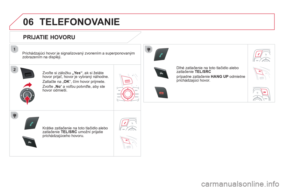CITROEN DS5 2013  Návod na použitie (in Slovak) 06
SR
C
SR
C
TELEFONOVANIE 
   
PRIJATIE HOVORU 
 
 
Prichádzajúci hovor je signalizovaný zvonením a superponovaným
zobrazením na displeji.
Zv
oľte si záložku  „Yes“ 
, ak si želáte hov