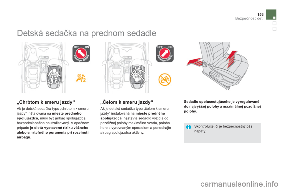 CITROEN DS5 2012  Návod na použitie (in Slovak) 153Bezpečnosť detí
 
Detská sedačka na prednom sedadle  
 
 
„Chrbtom k smeru jazdy“
 Ak je detská sedačka typu „chrbtom k smeru jazdy“ inštalovaná na mieste predného
spolujazdca  , 