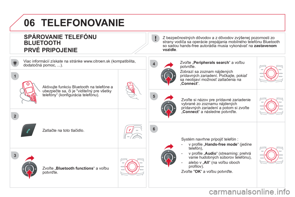 CITROEN DS5 2012  Návod na použitie (in Slovak) 1
2
5
6
3
4
06
   
 
 
 
 
 
 
 
 
 
 
 
 
 
 
SPÁROVANIE TELEFÓNU 
BLUETOOTH  
PRVÉ PRIPOJENIE    
Z bezpečnostných dôvodov a z dôvodov zvýšenej pozornosti zo strany vodiča sa operácie pre