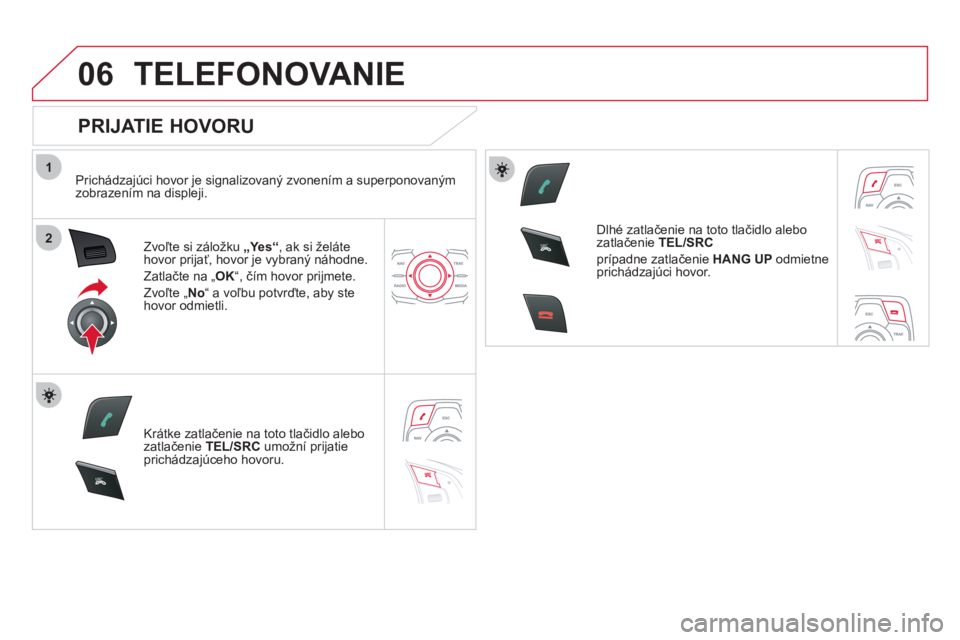 CITROEN DS5 2012  Návod na použitie (in Slovak) 1
2
06
SR
C
SR
C
TELEFONOVANIE
   
PRIJATIE HOVORU 
 
 
Prichádzajúci hovor je signalizovaný zvonením a superponovaným
zobrazením na displeji.
Zv
oľte si záložku  „Yes“ 
, ak si želáte 