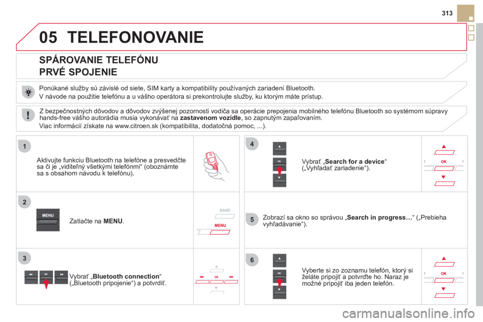 CITROEN DS5 2012  Návod na použitie (in Slovak) 05
1
2
5
3
4
6
313
TELEFONOVANIE 
   
 
 
 
 
 
 
 
 
SPÁROVANIE TELEFÓNU  
PRVÉ SPOJENIE 
   
Ponúkané služby sú závislé od siete, SIM karty a kompatibility používaných zariadení Bluetoo