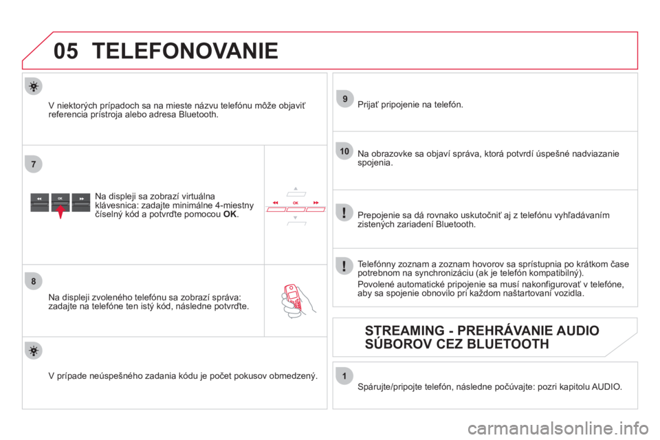 CITROEN DS5 2012  Návod na použitie (in Slovak)  
05
7
8
9
10
1
TELEFONOVANIE 
Na displeji sa zobrazí virtuálna klávesnica: zadajte minimálne 4-miestny číselný kód a potvrďte pomocou OK .
 
 
Na displeji zvoleného telefónu sa zobrazí sp