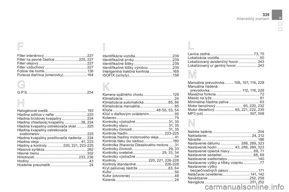 CITROEN DS5 2012  Návod na použitie (in Slovak) 335
Abecedný zoznam
F
Filter interiérový ..........................................227Filter na pevné častice........................225,227Filter olejový........................................