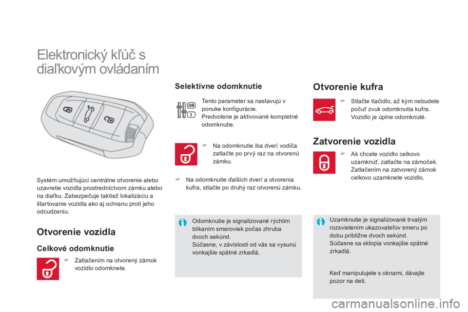 CITROEN DS5 2012  Návod na použitie (in Slovak)    
 
 
 
 
 
 
 
 
 
 
 
 
 
 
 
 
 
 
Elektronický kľúč s 
diaľkovým ovládaním 
Otvorenie vozidla 
Celkové odomknutie    
Selektívne odomknutie
Otvorenie kufra
Systém umožňujúci centr�