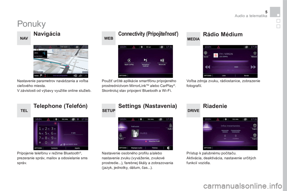 CITROEN DS5 HYBRID 2016  Návod na použitie (in Slovak) 5  Audio a telematika 
 
Ponuky 
 
 
 
 
 
 
Settings  (Nastavenia)     
Rádio Médium      
 
 
 
 
 
Navigácia  
   
Riadenie 
 
 
Connectivity  (Pripojiteľnosť)  
 
 
Telephone  (Telefón)  
 
