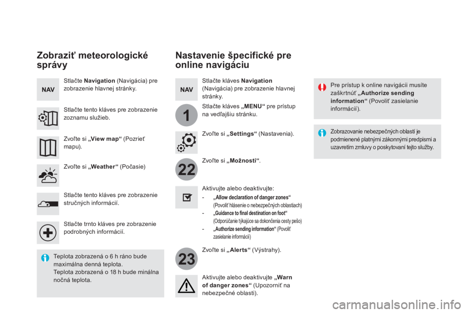CITROEN DS5 HYBRID 2016  Návod na použitie (in Slovak) 22
23
1
   
Nastavenie špecifické pre 
online navigáciu 
   
Pre prístup k online navigácii musíte 
zaškrtnúť  „ 
 
Authorize sending 
information“ 
 (Povoliť zasielanie 
informácií). 