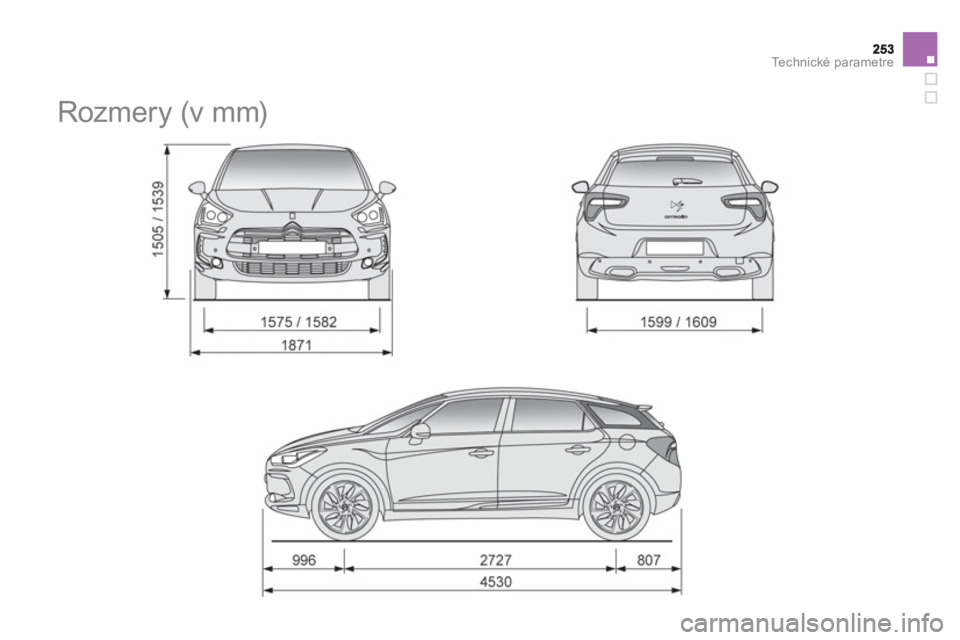 CITROEN DS5 HYBRID 2013  Návod na použitie (in Slovak) Technické parametre
   
 
 
 
 
Rozmery (v mm)  