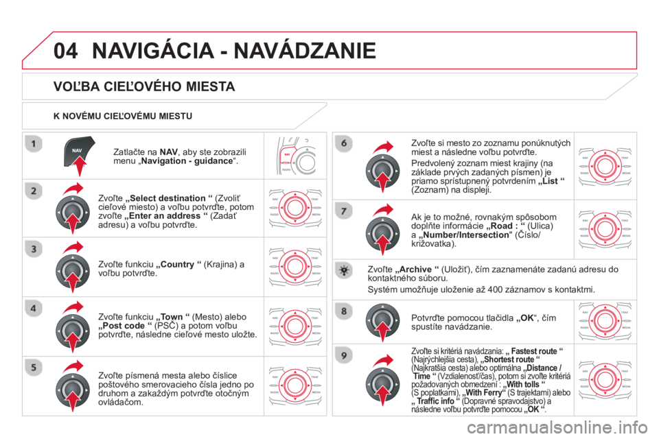 CITROEN DS5 HYBRID 2013  Návod na použitie (in Slovak) 04
Zatlačte na NAV  , aby ste zobrazilimenu „Navigation - guidance“.
 
 
K NOVÉMU CIEĽOVÉMU MIESTU  
NAVIGÁCIA - NAVÁDZANIE 
 
 
 
 
 
 
 
 
 
 
 
 
 
VOĽBA CIEĽOVÉHO MIESTA 
 
 Zvoľte 