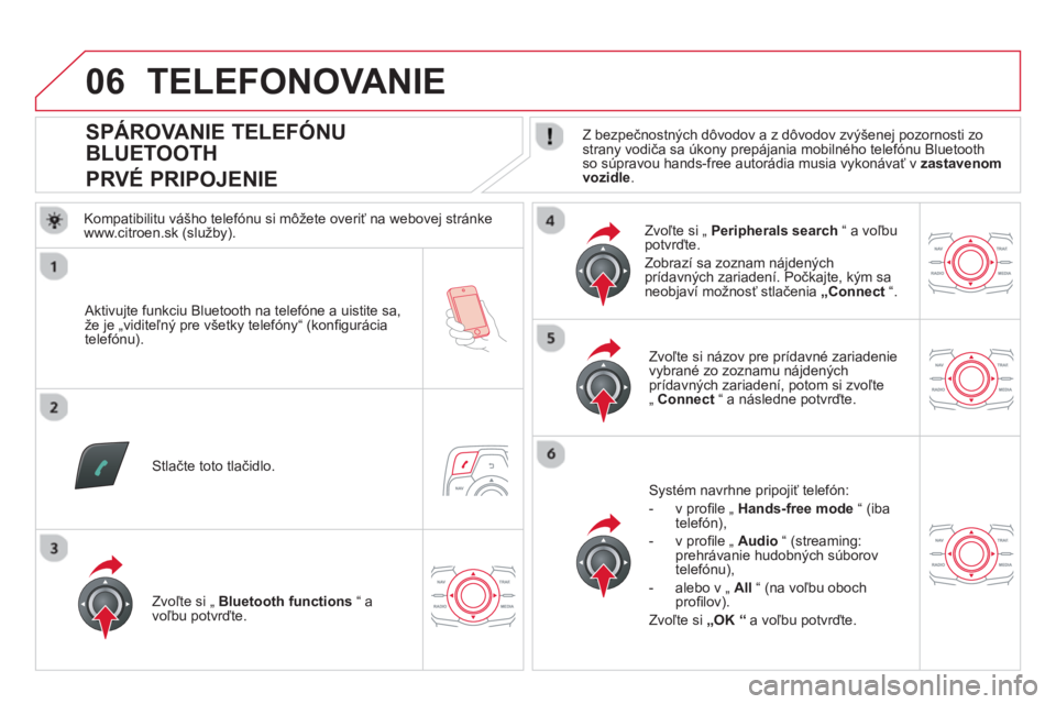 CITROEN DS5 HYBRID 2013  Návod na použitie (in Slovak) 06
   
 
 
 
 
 
 
 
 
 
 
 
 
 
 
SPÁROVANIE TELEFÓNU 
BLUETOOTH  
PRVÉ PRIPOJENIE    
Z bezpečnostných dôvodov a z dôvodov zvýšenej pozornosti zo strany vodiča sa úkony prepájania mobiln
