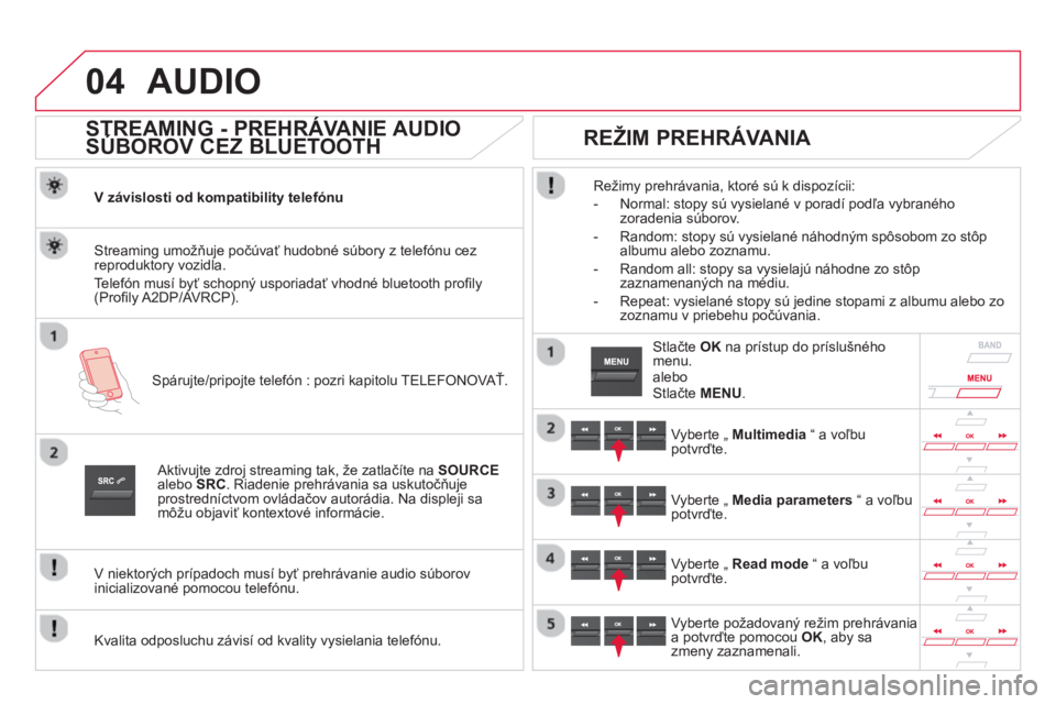 CITROEN DS5 HYBRID 2013  Návod na použitie (in Slovak) 04AUDIO 
   
 
 
 
 
 
STREAMING - PREHRÁVANIE AUDIO 
SÚBOROV CEZ BLUETOOTH 
V závislosti od kompatibility telefónu  
Spáru
jte/pripojte telefón : pozri kapitolu TELEFONOVAŤ.
Streaming umožňu