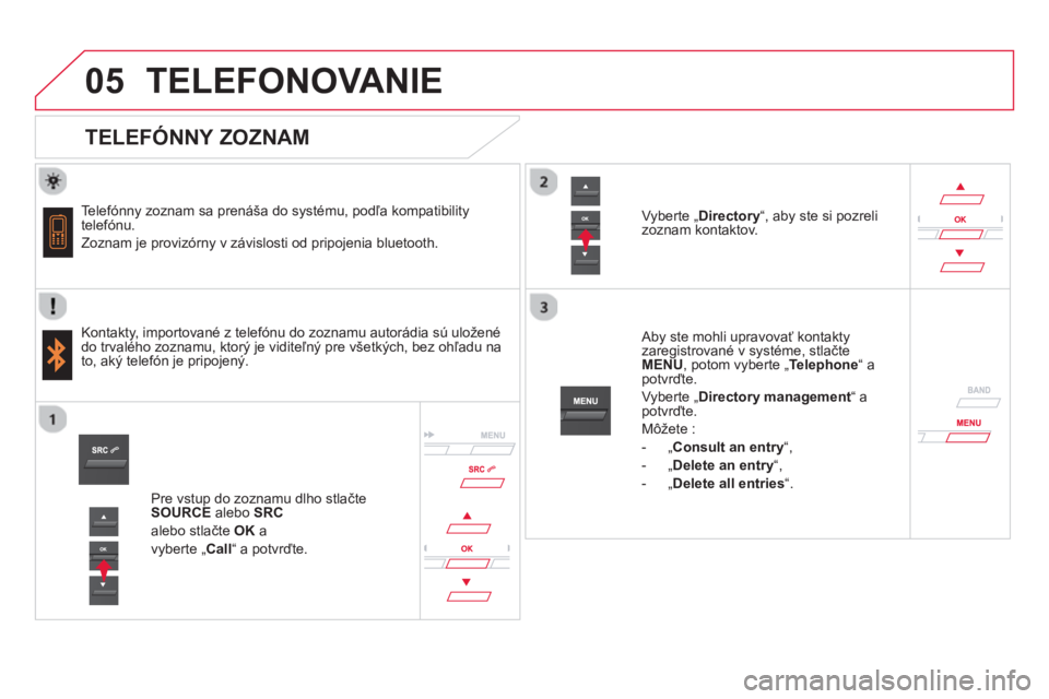 CITROEN DS5 HYBRID 2013  Návod na použitie (in Slovak)  
   
 
 
05TELEFONOVANIE 
   
TELEFÓNNY ZOZNAM 
 
 
Telefónny zoznam sa prenáša do systému, podľa kompatibility 
telefónu.
  Zoznam 
je provizórny v závislosti od pripojenia bluetooth.
   
K