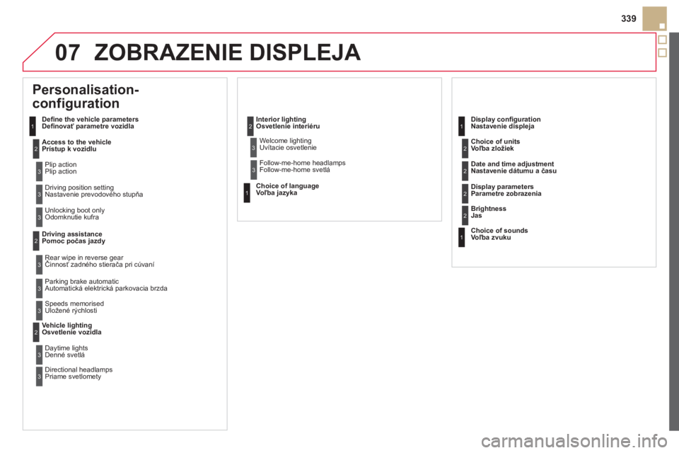 CITROEN DS5 HYBRID 2013  Návod na použitie (in Slovak) 07
339
ZOBRAZENIE DISPLEJA 
   
 
 
 
 
Personalisation-
configuration 
Deﬁ ne the vehicle parameters
Access to the vehicle
 
Plip action
 
Driving position setting
  Unlocking boot only 
Drivin
g a