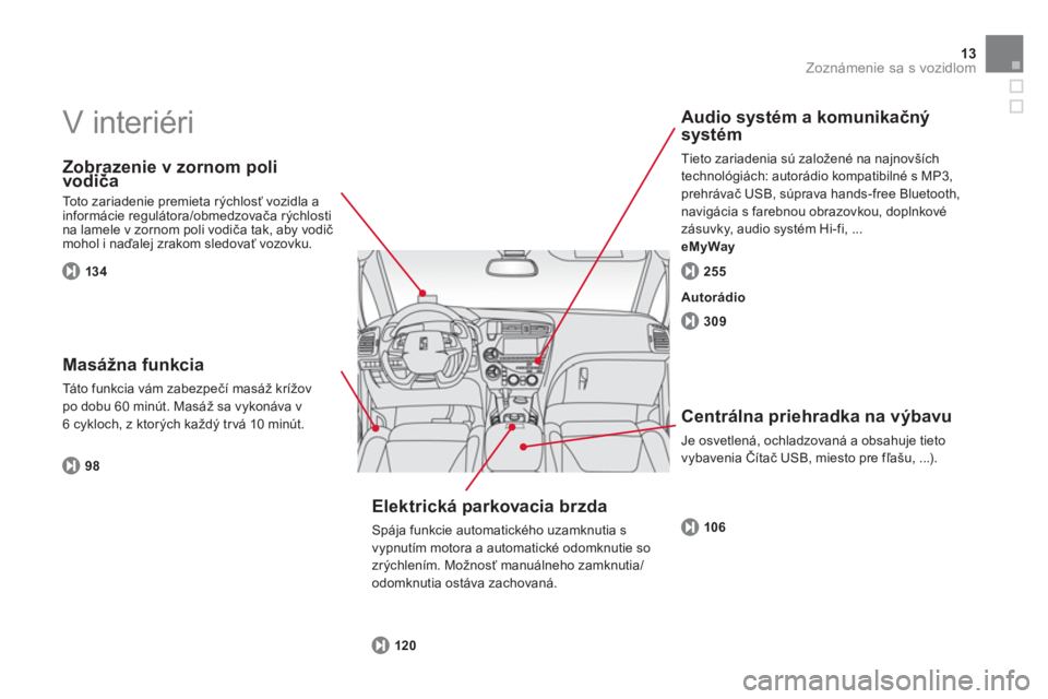CITROEN DS5 HYBRID 2012  Návod na použitie (in Slovak) 13Zoznámenie sa s vozidlom
  V interiéri  
 
 
Zobrazenie v zornom polivodiča
 
Toto zariadenie premieta rýchlosť vozidla a 
informácie regulátora/obmedzovača rýchlosti na lamele v zornom pol