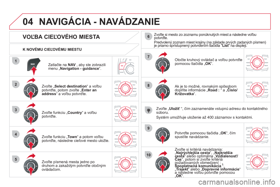 CITROEN DS5 HYBRID 2012 Návod na použitie (in Slovak) 04
1
2
3
4
5
7
9
10
8
6
Zatlačte na NAV , aby ste zobrazilimenu „Navigation - guidance“.
K NOVÉMU CIEĽOVÉMU MIESTU
NAVIGÁCIA - NAVÁDZANIE
VOĽBA CIEĽOVÉH CITROEN DS5 HYBRID 2012 Návod na použitie (in Slovak) 04
1
2
3
4
5
7
9
10
8
6
Zatlačte na NAV , aby ste zobrazilimenu „Navigation - guidance“.
K NOVÉMU CIEĽOVÉMU MIESTU
NAVIGÁCIA - NAVÁDZANIE
VOĽBA CIEĽOVÉH