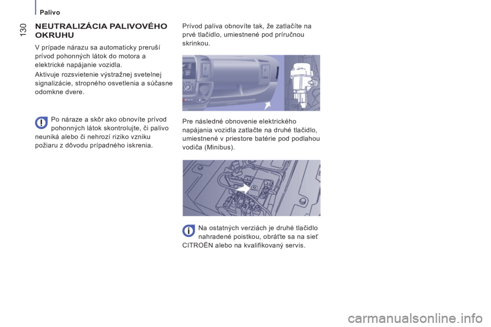 CITROEN JUMPER 2015 Návod na použitie (in Slovak) Palivo
130
JUMPER-PAPIER_SK_CHAP07_VERIFICATIONS_ED01-2014
NEUTRALIZÁCIA PALIVOVÉHO
OKRUHU
Po náraze a skôr ako obnovíte prívod
pohonných látok skontrolujte, či palivo
neuniká CITROEN JUMPER 2015 Návod na použitie (in Slovak) Palivo
130
JUMPER-PAPIER_SK_CHAP07_VERIFICATIONS_ED01-2014
NEUTRALIZÁCIA PALIVOVÉHO
OKRUHU
Po náraze a skôr ako obnovíte prívod
pohonných látok skontrolujte, či palivo
neuniká