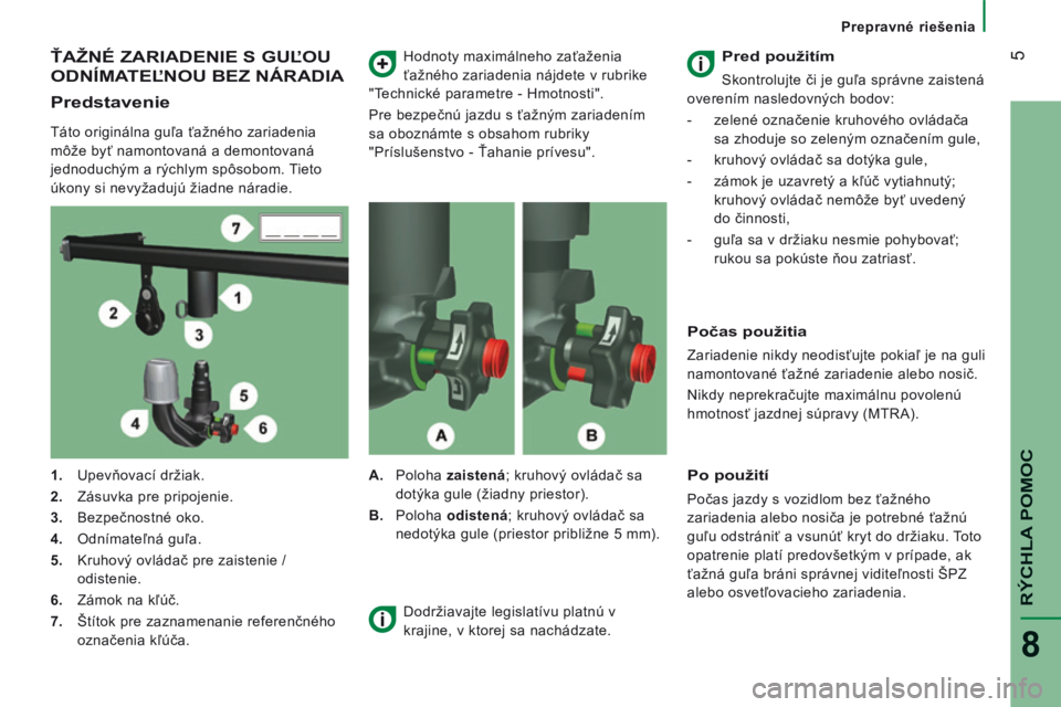 CITROEN JUMPER 2015  Návod na použitie (in Slovak)  5
RÝCHLA POMOC
8
   Prepravné riešenia   
 ŤAŽNÉ ZARIADENIE S GUĽOU 
ODNÍMATEĽNOU BEZ NÁRADIA 
  Predstavenie 
  Táto originálna guľa ťažného zariadenia 
môže byť namontovaná a de