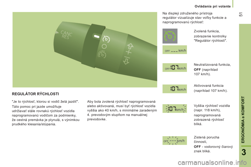 CITROEN JUMPER 2015 Návod na použitie (in Slovak) 51
3
ERGONÓMIA
a KOMFORT
Ovládania pri volante
JUMPER-PAPIER_SK_CHAP03_ERGO ET CONFORT_ED01-2014
REGULÁTOR RÝCHLOSTI
"Je to rýchlosť, ktorou si vodič želá jazdiť".
Táto CITROEN JUMPER 2015 Návod na použitie (in Slovak) 51
3
ERGONÓMIA
a KOMFORT
Ovládania pri volante
JUMPER-PAPIER_SK_CHAP03_ERGO ET CONFORT_ED01-2014
REGULÁTOR RÝCHLOSTI
"Je to rýchlosť, ktorou si vodič želá jazdiť".
Táto
