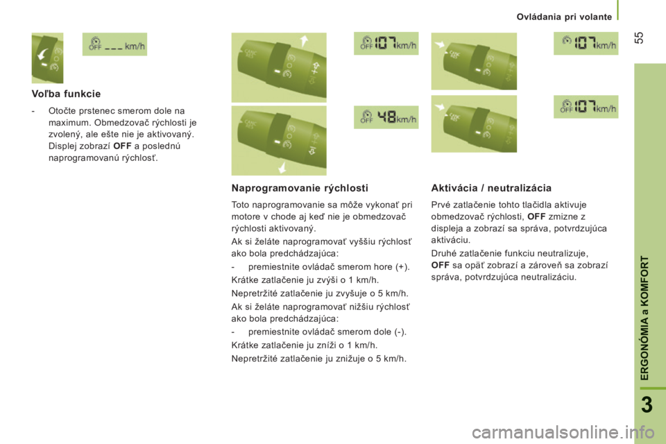 CITROEN JUMPER 2015 Návod na použitie (in Slovak) 55
3
ERGONÓMIA
a KOMFORT
Ovládania pri volante
JUMPER-PAPIER_SK_CHAP03_ERGO ET CONFORT_ED01-2014
Voľba funkcie
- Otočte prstenec smerom dole na maximum. Obmedzovač rýchlosti je
z CITROEN JUMPER 2015 Návod na použitie (in Slovak) 55
3
ERGONÓMIA
a KOMFORT
Ovládania pri volante
JUMPER-PAPIER_SK_CHAP03_ERGO ET CONFORT_ED01-2014
Voľba funkcie
- Otočte prstenec smerom dole na maximum. Obmedzovač rýchlosti je
z