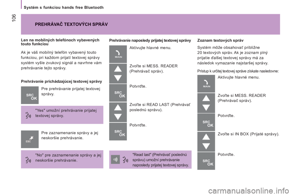 CITROEN JUMPER 2014  Návod na použitie (in Slovak) 106
   
Systém s funkciou hands free Bluetooth  
  Ak je váš mobilný telefón vybavený touto 
funkciou, pri každom prijatí textovej správy 
systém vyšle zvukový signál a navrhne vám 
preh