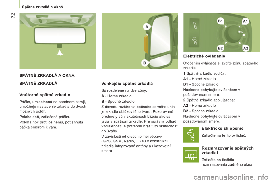 CITROEN JUMPER 2012  Návod na použitie (in Slovak)    
 
Spätné zrkadlá a okná  
 
72
 
SPÄTNÉ ZRKADLÁ A OKNÁ 
  SPÄTNÉ ZRKADLÁ 
Vonkajšie spätné zrkadlá
 
Sú rozdelené na dve zóny: 
   
A - 
 Horné zrkadlo 
   
B - 
 Spodné zrkadl