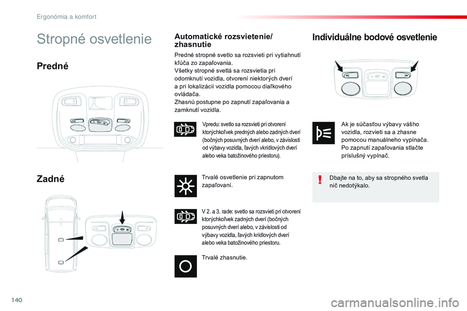CITROEN JUMPER SPACETOURER 2017 Návod na použitie (in Slovak) 140
Spacetourer-VP_sk_Chap03_ergonomie-et-confort_ed01-2016
Individuálne bodové osvetlenie
Zadné
Stropné osvetlenieAutomatické rozsvietenie/
zhasnutie
Predné stropné svetlo sa rozsvieti pri vyt CITROEN JUMPER SPACETOURER 2017 Návod na použitie (in Slovak) 140
Spacetourer-VP_sk_Chap03_ergonomie-et-confort_ed01-2016
Individuálne bodové osvetlenie
Zadné
Stropné osvetlenieAutomatické rozsvietenie/
zhasnutie
Predné stropné svetlo sa rozsvieti pri vyt