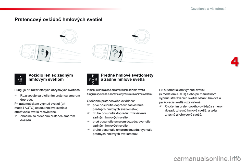CITROEN JUMPER SPACETOURER 2017 Návod na použitie (in Slovak) 145
Spacetourer-VP_sk_Chap04_eclairage-et-visibilite_ed01-2016
Prstencový ovládač hmlových svetiel
Predné hmlové svetlomety
a zadné hmlové svetlá
Vozidlo len so zadným
hmlovým svetlom
F R CITROEN JUMPER SPACETOURER 2017 Návod na použitie (in Slovak) 145
Spacetourer-VP_sk_Chap04_eclairage-et-visibilite_ed01-2016
Prstencový ovládač hmlových svetiel
Predné hmlové svetlomety
a zadné hmlové svetlá
Vozidlo len so zadným
hmlovým svetlom
F R