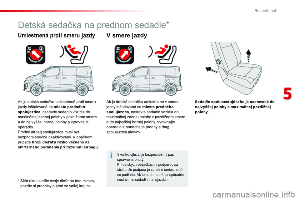 CITROEN JUMPER SPACETOURER 2017 Návod na použitie (in Slovak) 175
Spacetourer-VP_sk_Chap05_securite_ed01-2016
Sedadlo spolucestujúceho je nastavené do
najvyššej polohy a maximálnej pozdĺžnej
polohy.
Umiestnená proti smeru jazdy
Detská sedačka na pred CITROEN JUMPER SPACETOURER 2017 Návod na použitie (in Slovak) 175
Spacetourer-VP_sk_Chap05_securite_ed01-2016
Sedadlo spolucestujúceho je nastavené do
najvyššej polohy a maximálnej pozdĺžnej
polohy.
Umiestnená proti smeru jazdy
Detská sedačka na pred