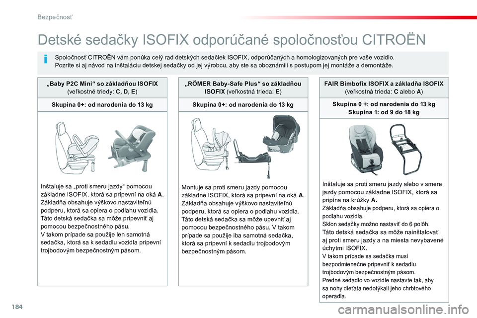 CITROEN JUMPER SPACETOURER 2017 Návod na použitie (in Slovak) 184
Spacetourer-VP_sk_Chap05_securite_ed01-2016
Detské sedačky ISOFIX odporúčané spoločnosťou CITROËN
Spoločnosť CITROËN vám ponúka celý rad detských sedačiek ISOFIX, odporúčaných a CITROEN JUMPER SPACETOURER 2017 Návod na použitie (in Slovak) 184
Spacetourer-VP_sk_Chap05_securite_ed01-2016
Detské sedačky ISOFIX odporúčané spoločnosťou CITROËN
Spoločnosť CITROËN vám ponúka celý rad detských sedačiek ISOFIX, odporúčaných a