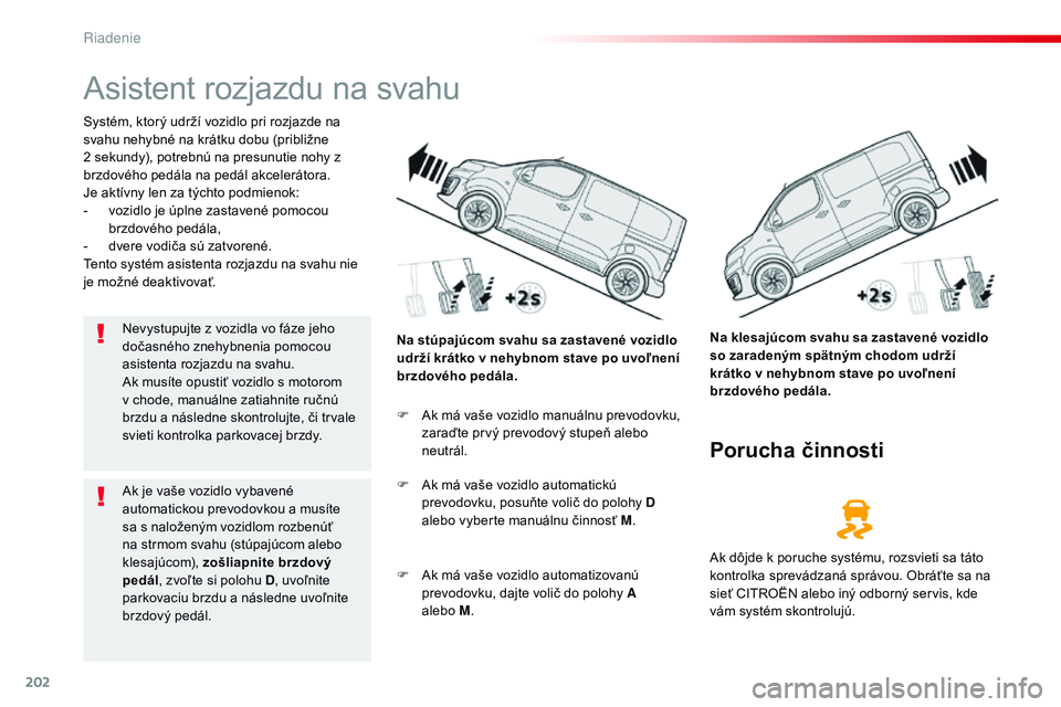 CITROEN JUMPER SPACETOURER 2017 Návod na použitie (in Slovak) 202
Spacetourer-VP_sk_Chap06_conduite_ed01-2016
Asistent rozjazdu na svahu
Systém, ktorý udrží vozidlo pri rozjazde na
svahu nehybné na krátku dobu (približne
2 sekundy), potrebnú na presun CITROEN JUMPER SPACETOURER 2017 Návod na použitie (in Slovak) 202
Spacetourer-VP_sk_Chap06_conduite_ed01-2016
Asistent rozjazdu na svahu
Systém, ktorý udrží vozidlo pri rozjazde na
svahu nehybné na krátku dobu (približne
2 sekundy), potrebnú na presun